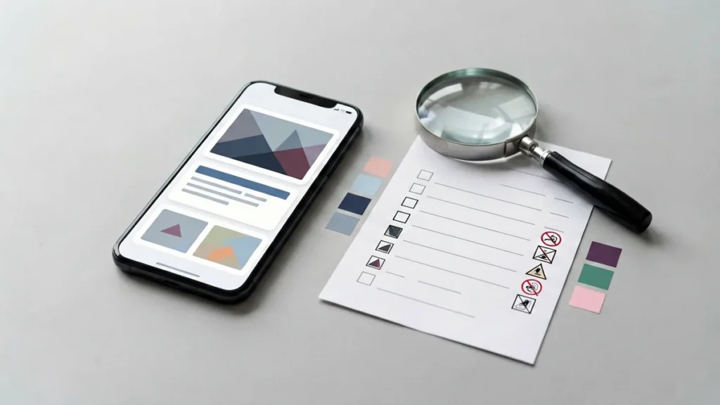 Phone, magnifying glass and checklist used to compare adult catalogue records