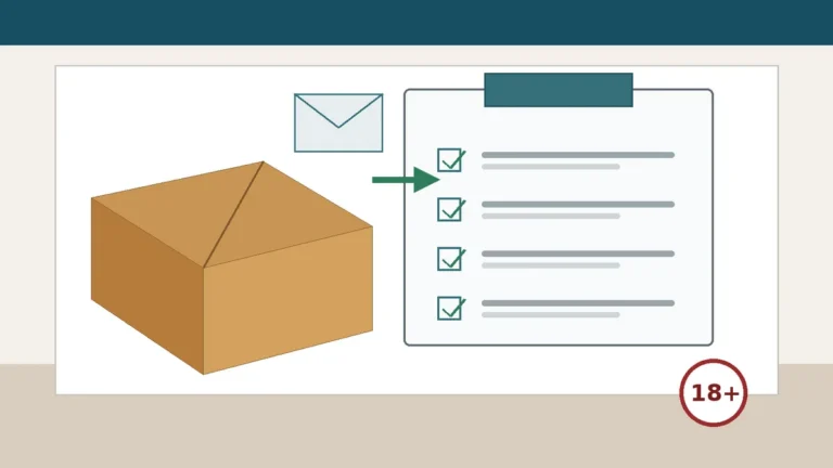 A neutral return checklist beside a parcel and support envelope
