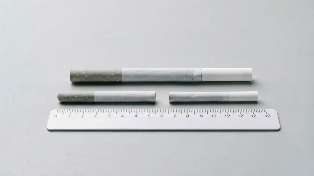 Side-by-side comparison of a standard king-size cigarette and a thinner super slim cigarette with a ruler for scale