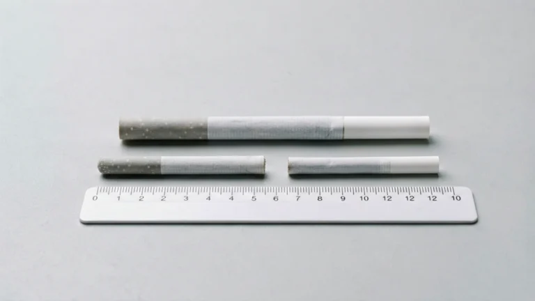 Side-by-side comparison of a standard king-size cigarette and a thinner super slim cigarette with a ruler for scale