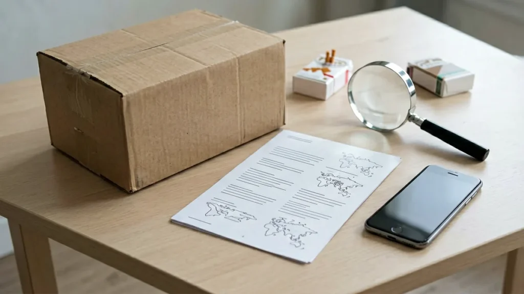 Unbranded catalogue sheet, shipping carton, smartphone and magnifying glass on a desk