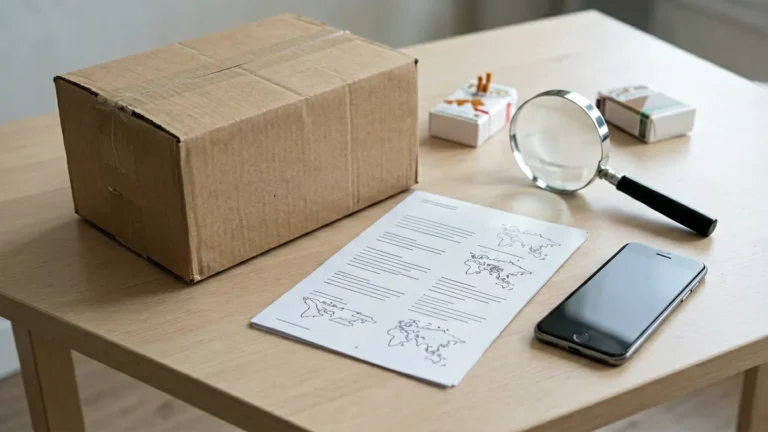 Unbranded catalogue sheet, shipping carton, smartphone and magnifying glass on a desk