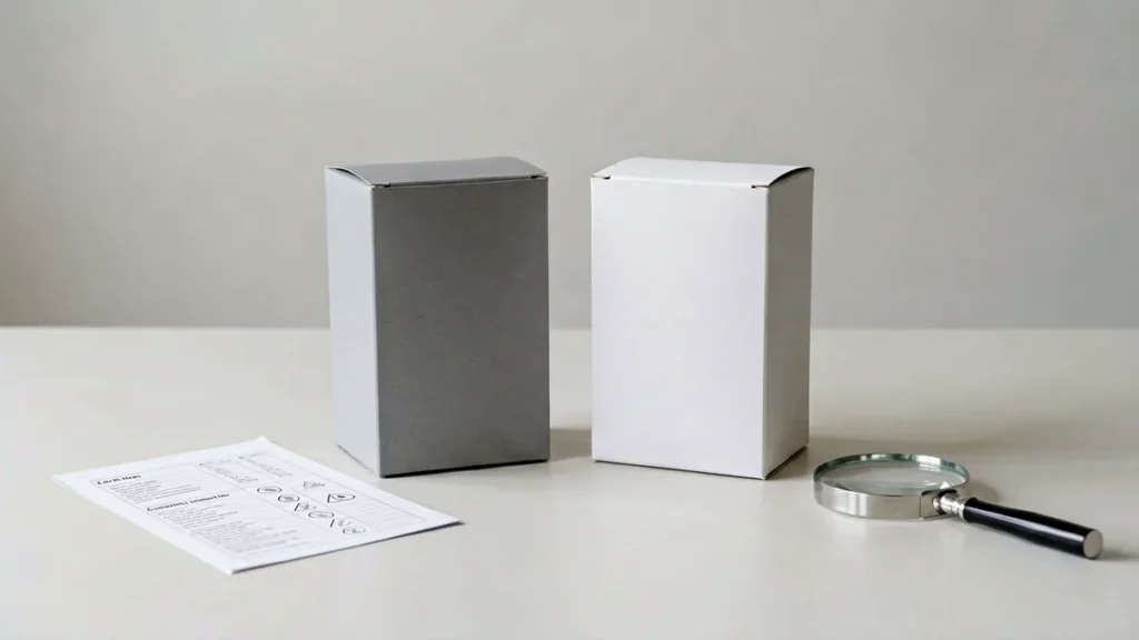 Two unbranded carton records beside a comparison checklist and magnifying glass