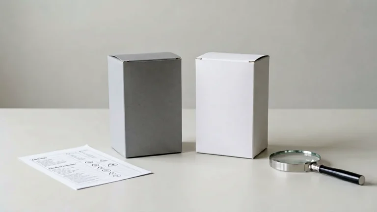 Two unbranded carton records beside a comparison checklist and magnifying glass