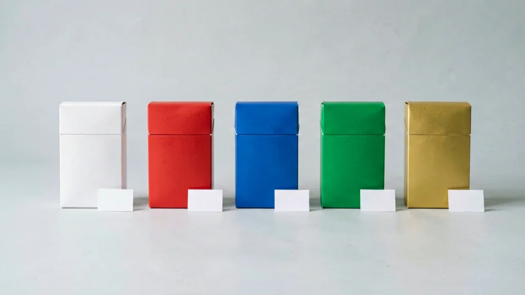 Plain unbranded cigarette carton boxes lined up beside blank price tags on a light studio background, illustrating a carton price comparison guide for Australian adults