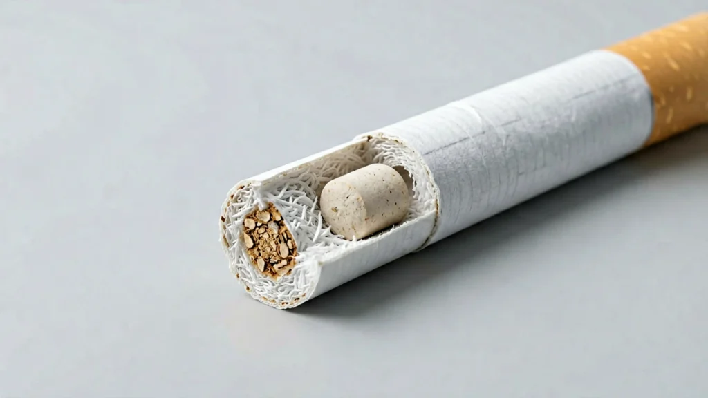 Cross-section diagram of a cigarette filter with a small crushable flavour capsule inside the filter fibres