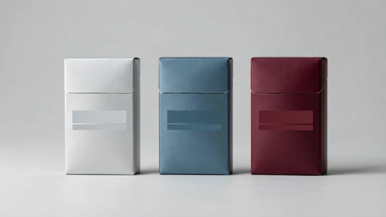Three generic cigarette cartons in light, mild and full flavour colour tones on a neutral studio background