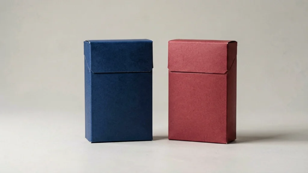 Two plain unbranded cigarette cartons in navy blue and red tones side by side for a Mevius vs Marlboro brand comparison guide