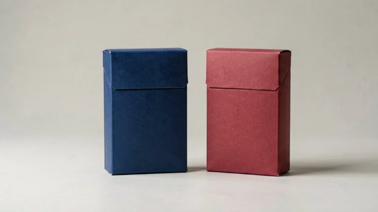 Two plain unbranded cigarette cartons in navy blue and red tones side by side for a Mevius vs Marlboro brand comparison guide