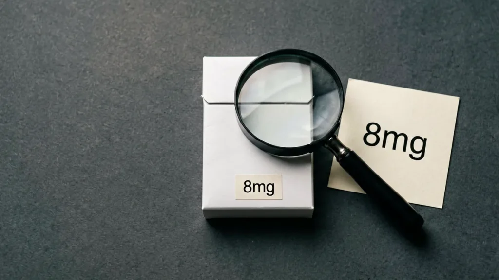 Plain unbranded cigarette pack with a magnifying glass and an 8mg label, illustrating what mg numbers on cigarette packs mean