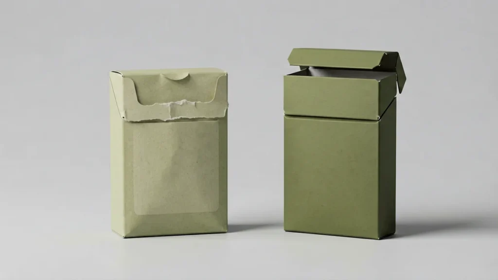 Two unbranded cigarette packs side by side: a soft paper pack with a torn top on the left and a rigid flip-top box with its lid open on the right