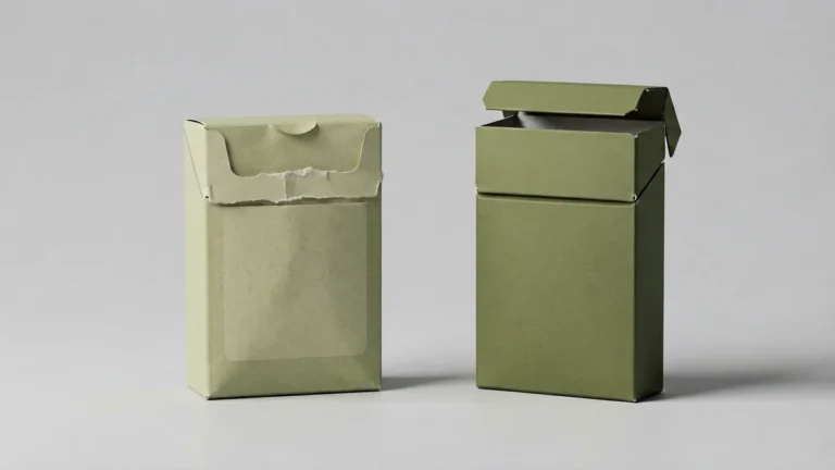 Two unbranded cigarette packs side by side: a soft paper pack with a torn top on the left and a rigid flip-top box with its lid open on the right