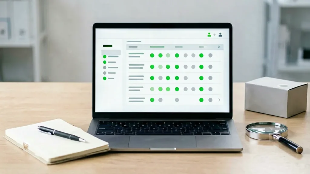 Laptop inventory rows with status markers beside a verification notebook